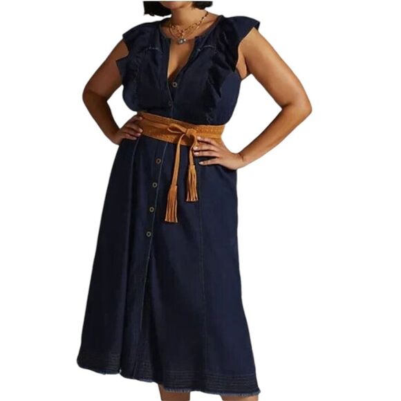 Anthropologie Pilcro Dark Blue Denim Ruffle Sleeve Maxi Midi Dress, 14. buttons - Picture 4 of 16